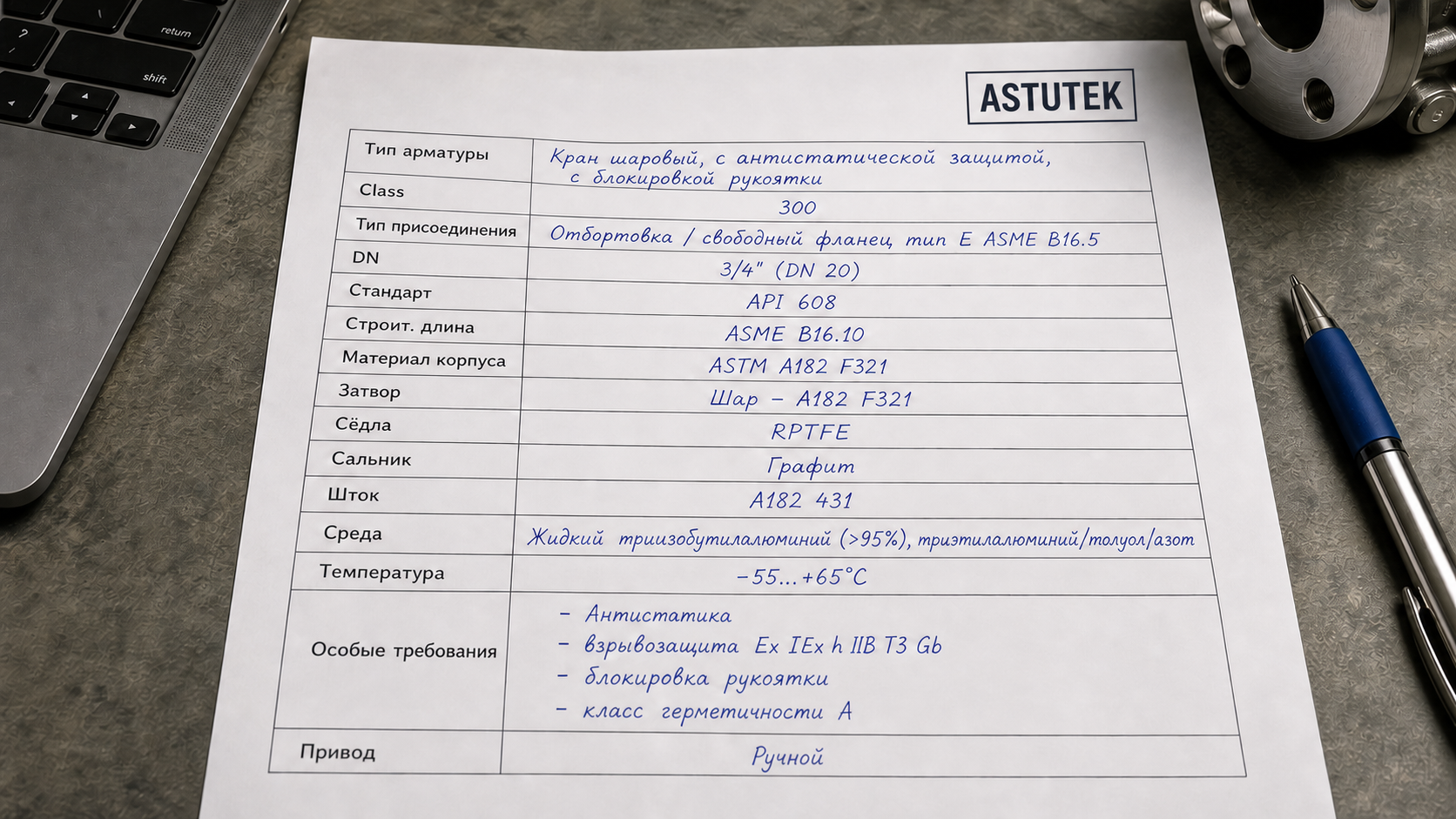 Пример заполненного инженерного опросного листа (datasheet) по шаровому крану с параметрами DN, Class, материалами и особыми требованиями ASTUTEK